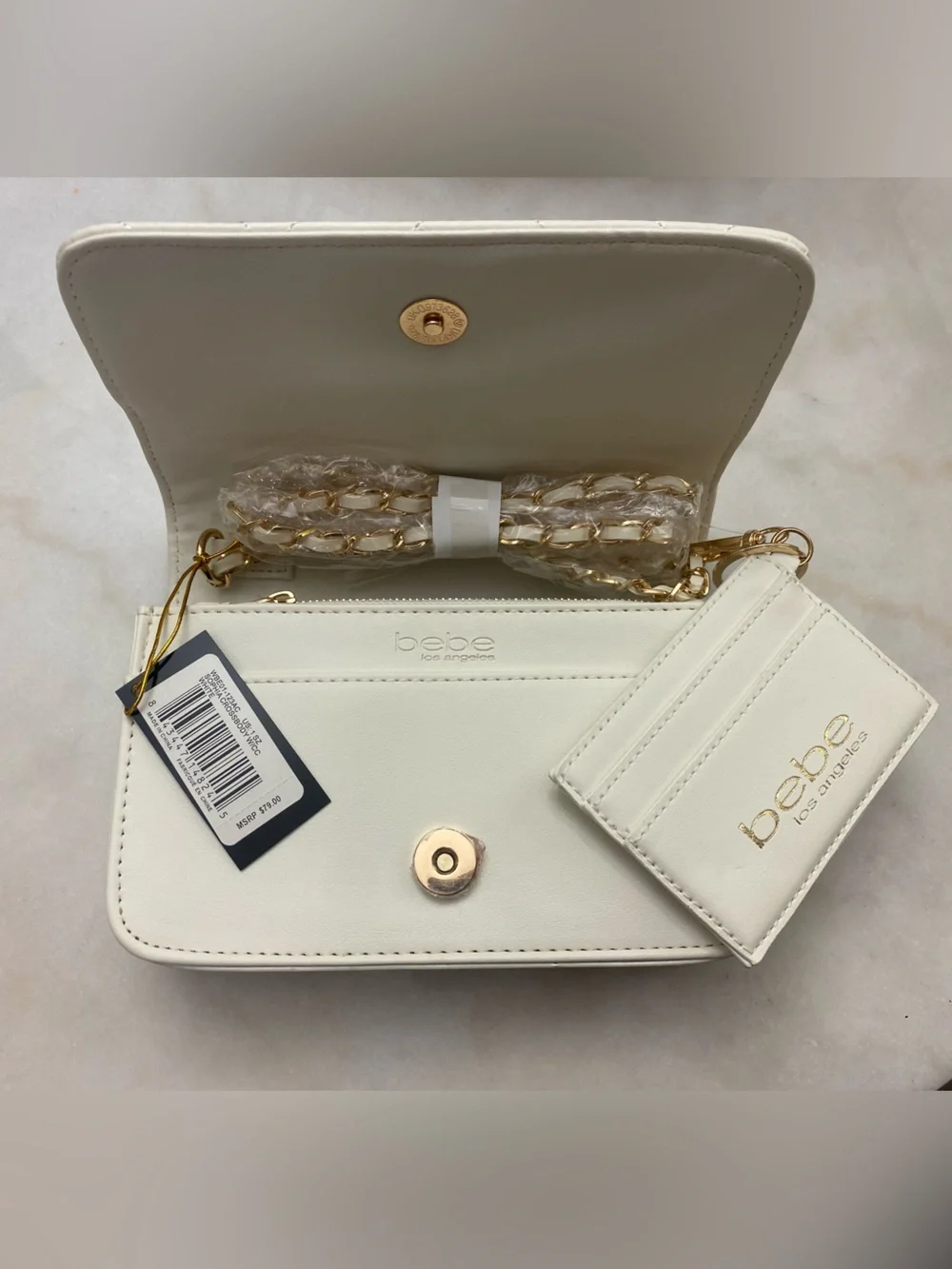 bebe White Quilted purse and Card Holder Set with Gold Accents